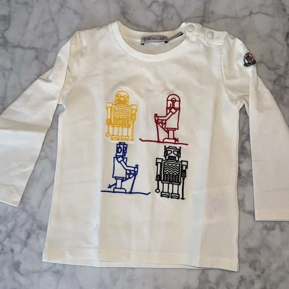 Moncler White and Yellow Long Sleeve Tee with Graphic Print 18/24M